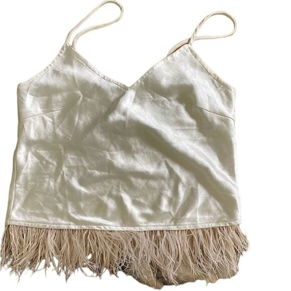 White silk/poly spaghetti strap Cami w/ feathers. V front & back size small - Picture 1 of 12